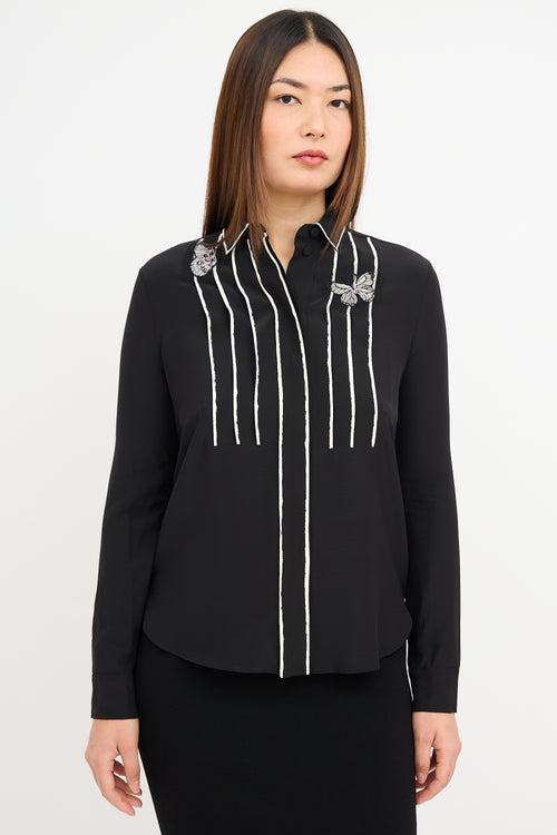 Bottega Veneta Black Silk 
White Contrast Pleat Shirt