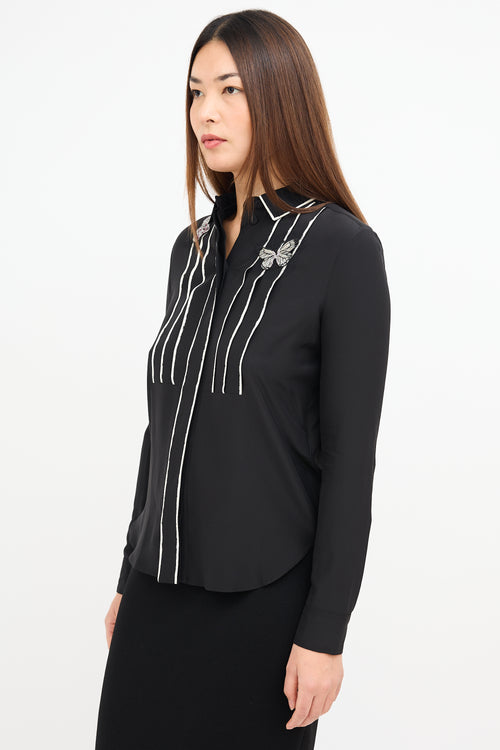 Bottega Veneta Black Silk 
White Contrast Pleat Shirt