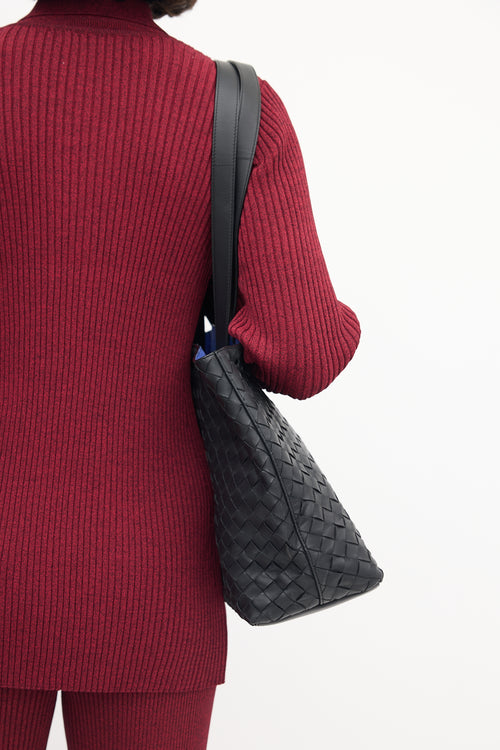 Bottega Veneta Black Leather Intrecciato Slot Tote Bag