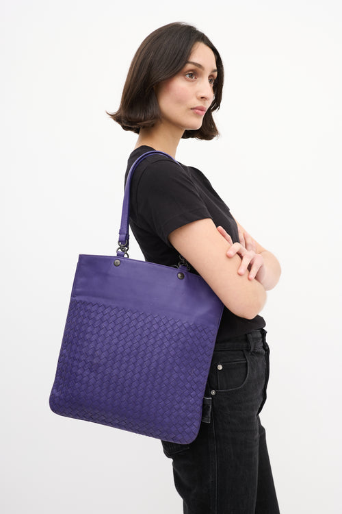 Bottega Veneta Purple Leather Intrecciato Tote Bag