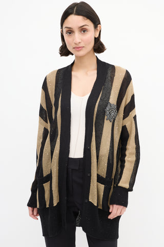 Brunello Cucinelli Black 
Brown Linen 
Silk Sequin Cardigan