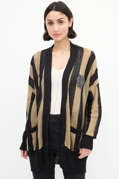 Brunello Cucinelli Black 
Brown Linen 
Silk Sequin Cardigan