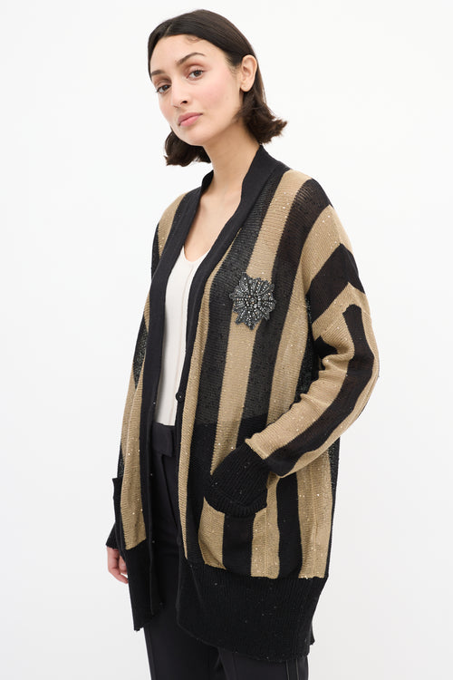 Brunello Cucinelli Black 
Brown Linen 
Silk Sequin Cardigan