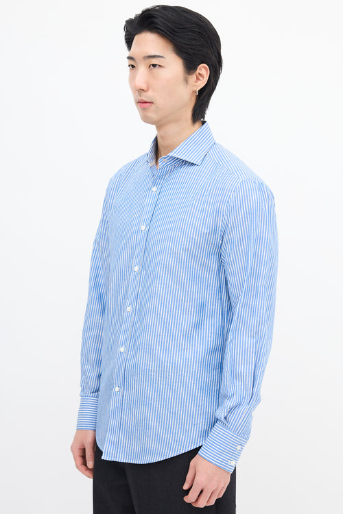 Brunello Cucinelli Blue 
White Wide Pinstripe Slim Shirt