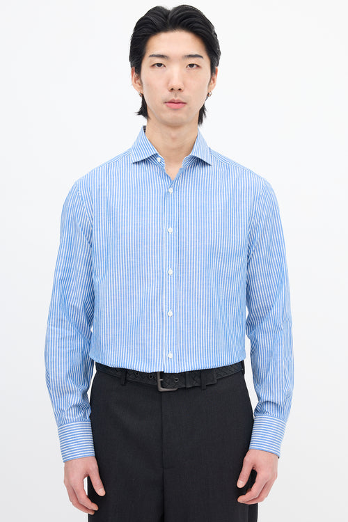 Brunello Cucinelli Blue 
White Wide Pinstripe Slim Shirt