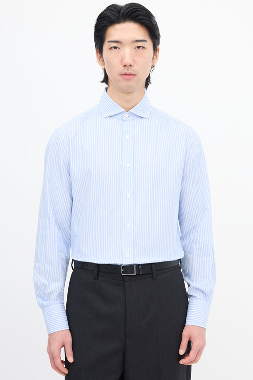 Brunello Cucinelli Light Blue 
White Wide Pinstripe Shirt