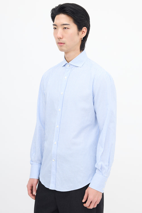 Brunello Cucinelli Light Blue 
White Wide Pinstripe Shirt