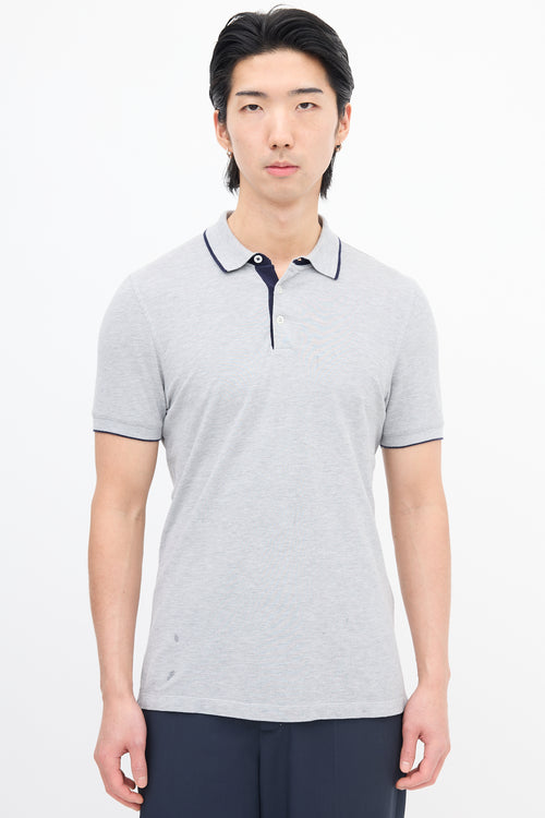 Brunello Cucinelli Heather Grey Stripe Trim Polo