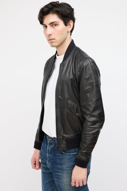 Burberry Black Leather Zip Bomber Jacket