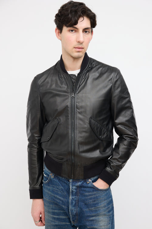 Burberry Black Leather Zip Bomber Jacket