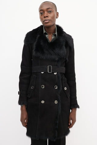 Burberry Black Suede 
Shearling Double Breasted Trench Coat