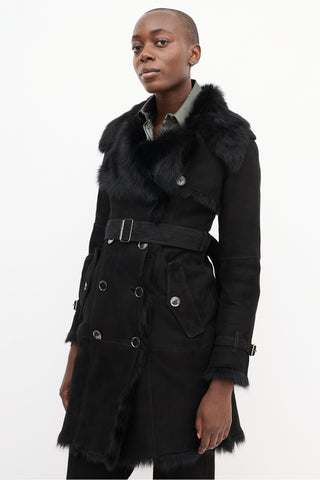 Burberry Black Suede 
Shearling Double Breasted Trench Coat