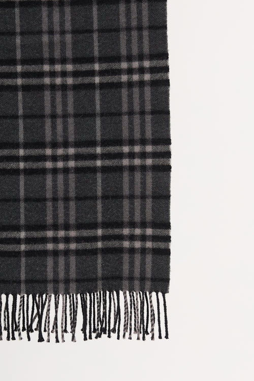 Burberry Dark Grey Cashmere Nova Check Fringe Scarf