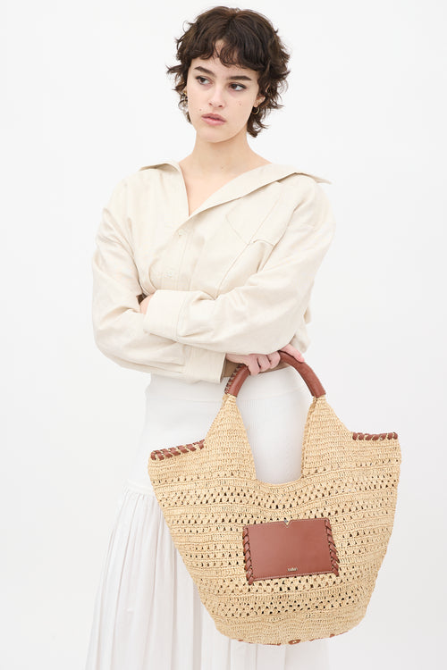 Ba&sh Beige Raffia 
Brown Leather Ara Tote Bag