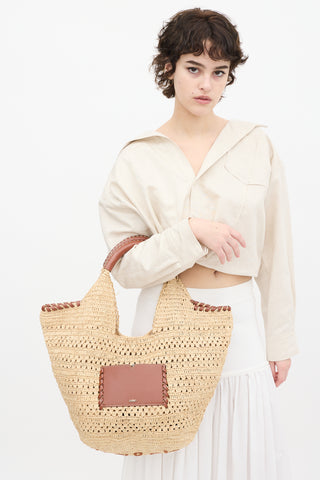 Ba&sh Beige Raffia 
Brown Leather Ara Tote Bag