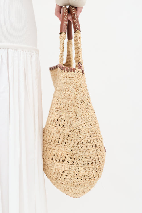 Ba&sh Beige Raffia 
Brown Leather Ara Tote Bag