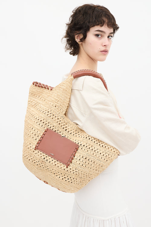 Ba&sh Beige Raffia 
Brown Leather Ara Tote Bag