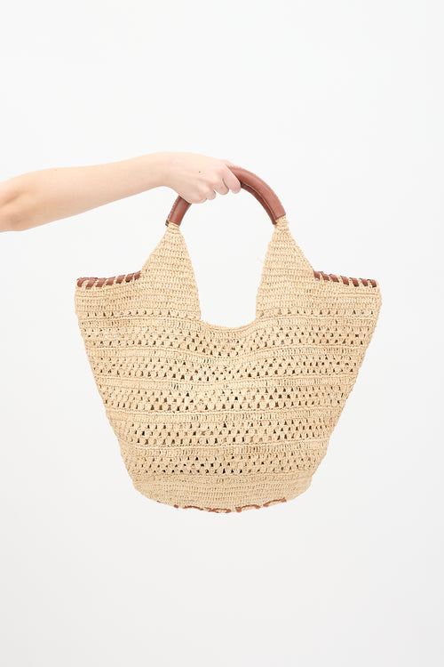 Ba&sh Beige Raffia 
Brown Leather Ara Tote Bag