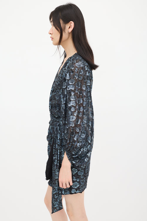 Ba&sh Black 
Blue Metallic Patterned Wrap Dress