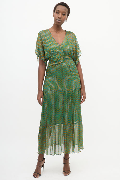 Green 
Yellow Paisley Pleated Dress