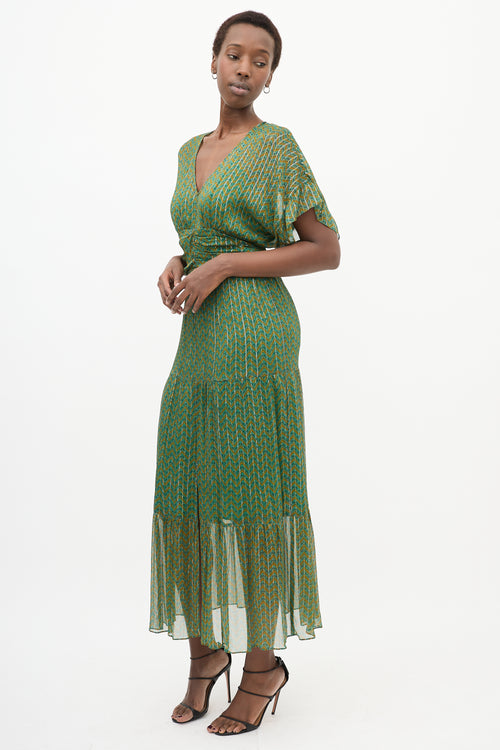 Green 
Yellow Paisley Pleated Dress