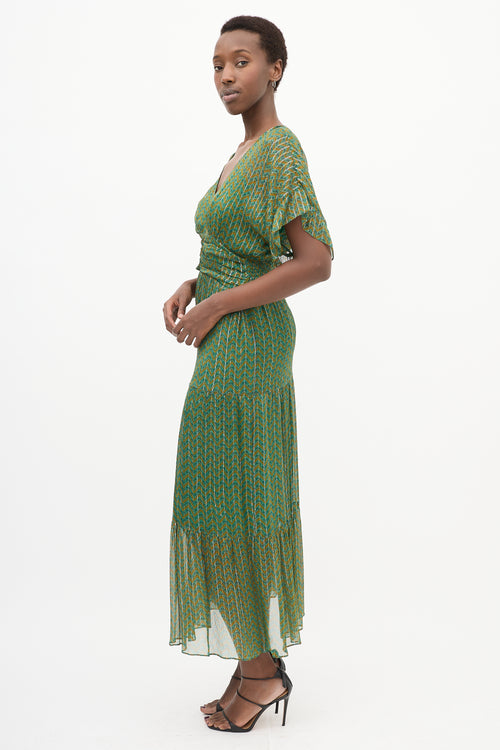 Green 
Yellow Paisley Pleated Dress