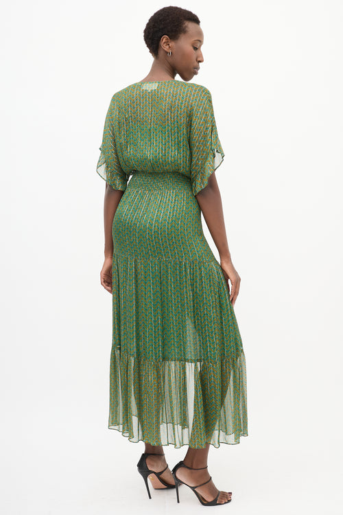 Green 
Yellow Paisley Pleated Dress