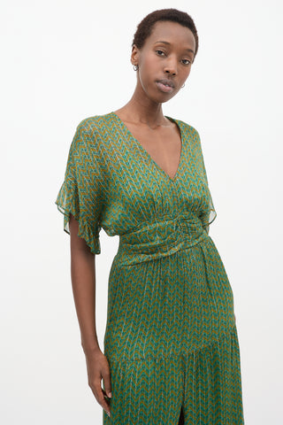 Green 
Yellow Paisley Pleated Dress