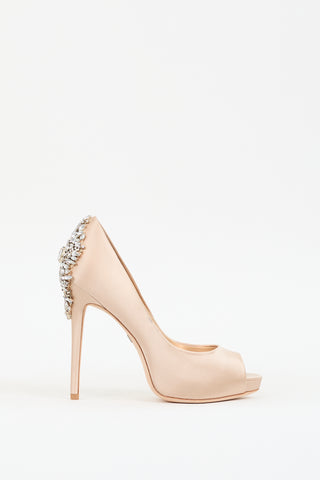 Badgley Mischka Beige Satin Embellished Peep Toe Heel