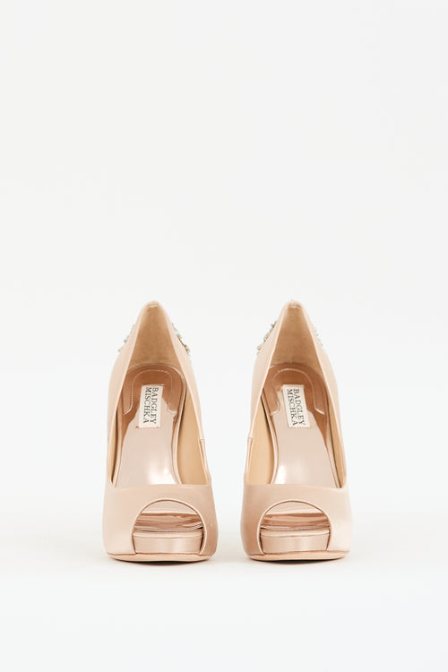 Badgley Mischka Beige Satin Embellished Peep Toe Heel