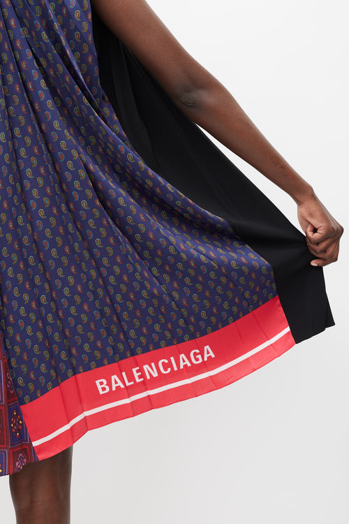 Balenciaga 2019 Black 
Multicolour Printed Asymmetric Pleated Dress