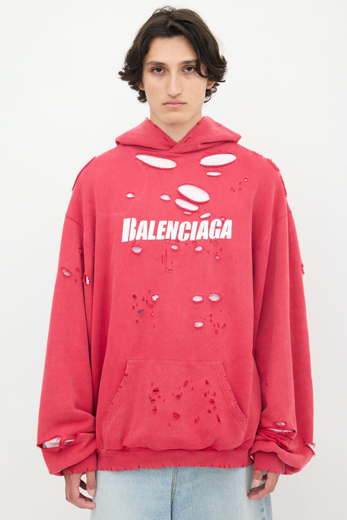 Balenciaga 2021 Fuschia 
White Destroyed Logo Hoodie