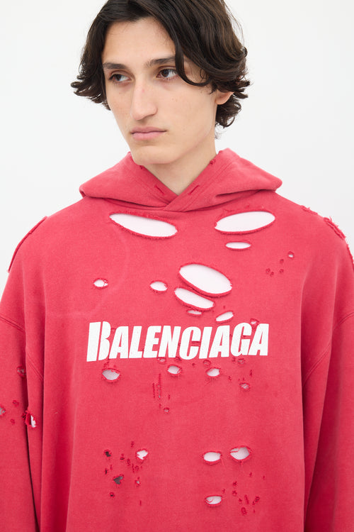 Balenciaga 2021 Fuschia 
White Destroyed Logo Hoodie