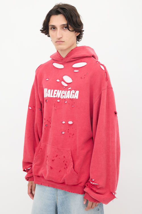 Balenciaga 2021 Fuschia 
White Destroyed Logo Hoodie