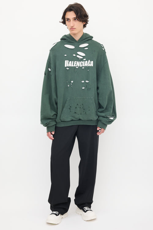 Balenciaga 2021 Green 
White Destroyed Logo Hoodie