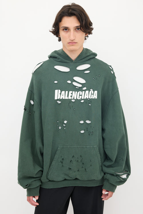 Balenciaga 2021 Green 
White Destroyed Logo Hoodie