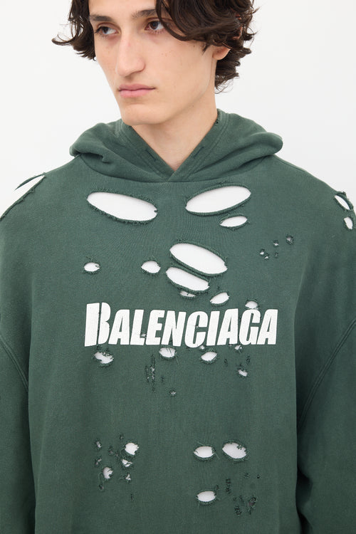 Balenciaga 2021 Green 
White Destroyed Logo Hoodie