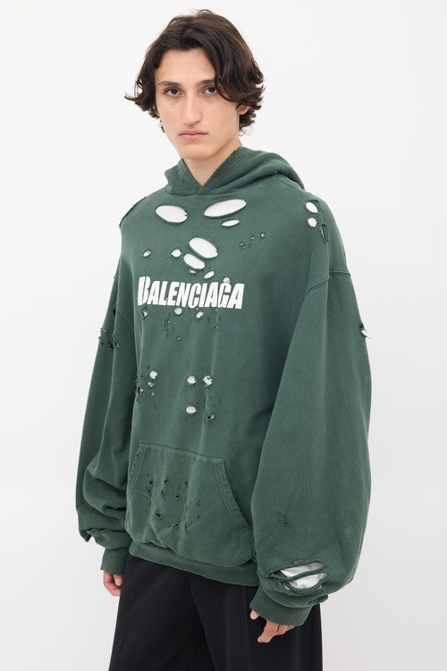 Balenciaga 2021 Green 
White Destroyed Logo Hoodie