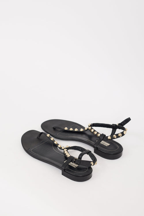 Balenciaga Black Leather Studded T-Strap Sandal