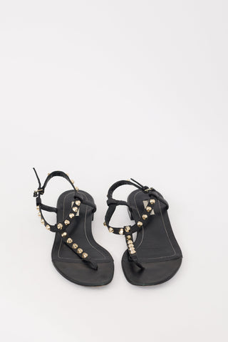 Balenciaga Black Leather Studded T-Strap Sandal