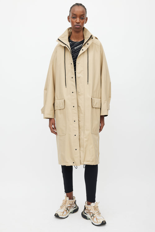 Balenciaga Beige 
Black Hooded Logo Coat