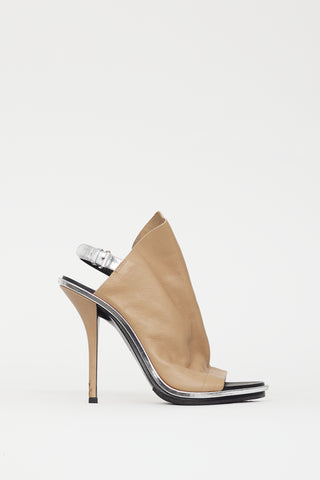 Balenciaga Beige 
Silver Leather Glove Peep Toe Heel