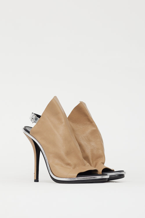 Balenciaga Beige 
Silver Leather Glove Peep Toe Heel