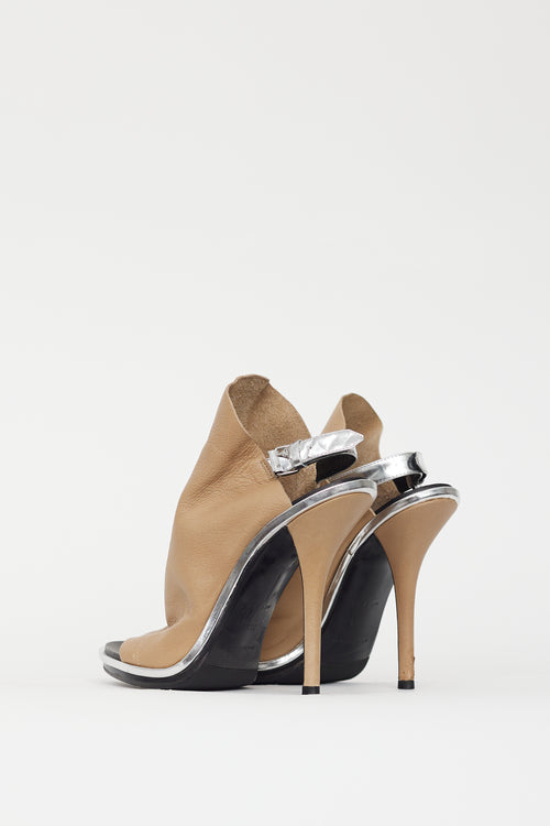 Balenciaga Beige 
Silver Leather Glove Peep Toe Heel