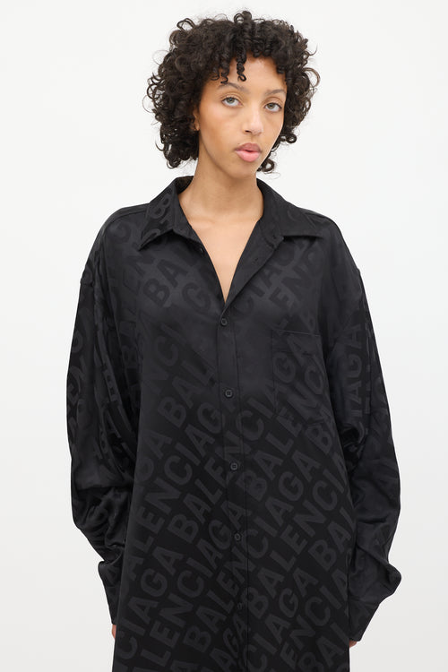 Balenciaga Black All Over Logo Wrap Shirt Dress