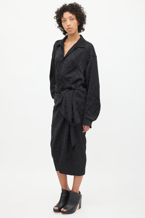 Balenciaga Black All Over Logo Wrap Shirt Dress