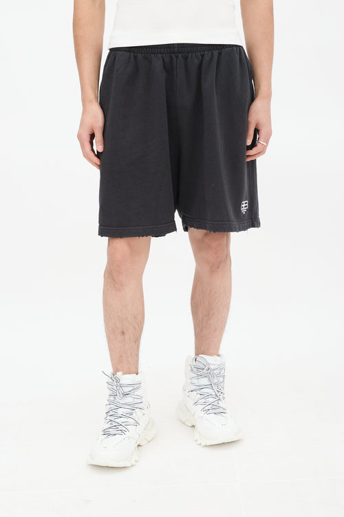 Balenciaga Black Cotton BB Paris Distressed Shorts