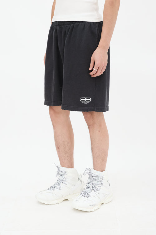 Balenciaga Black Cotton BB Paris Distressed Shorts