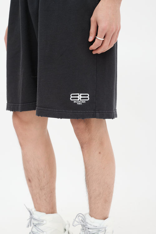 Balenciaga Black Cotton BB Paris Distressed Shorts