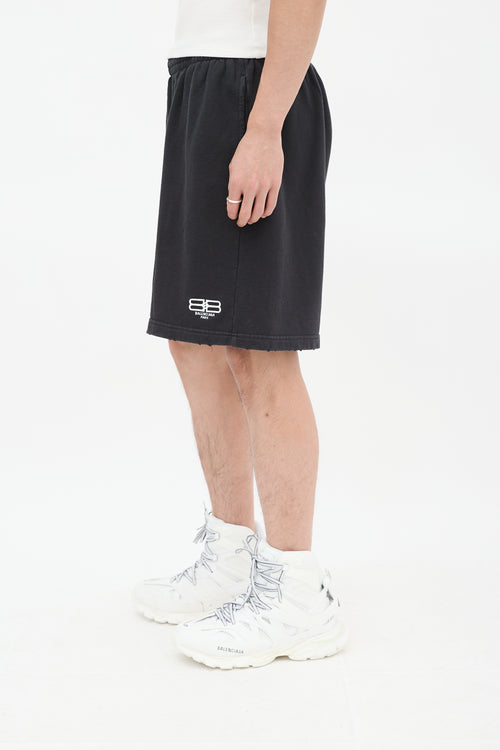 Balenciaga Black Cotton BB Paris Distressed Shorts